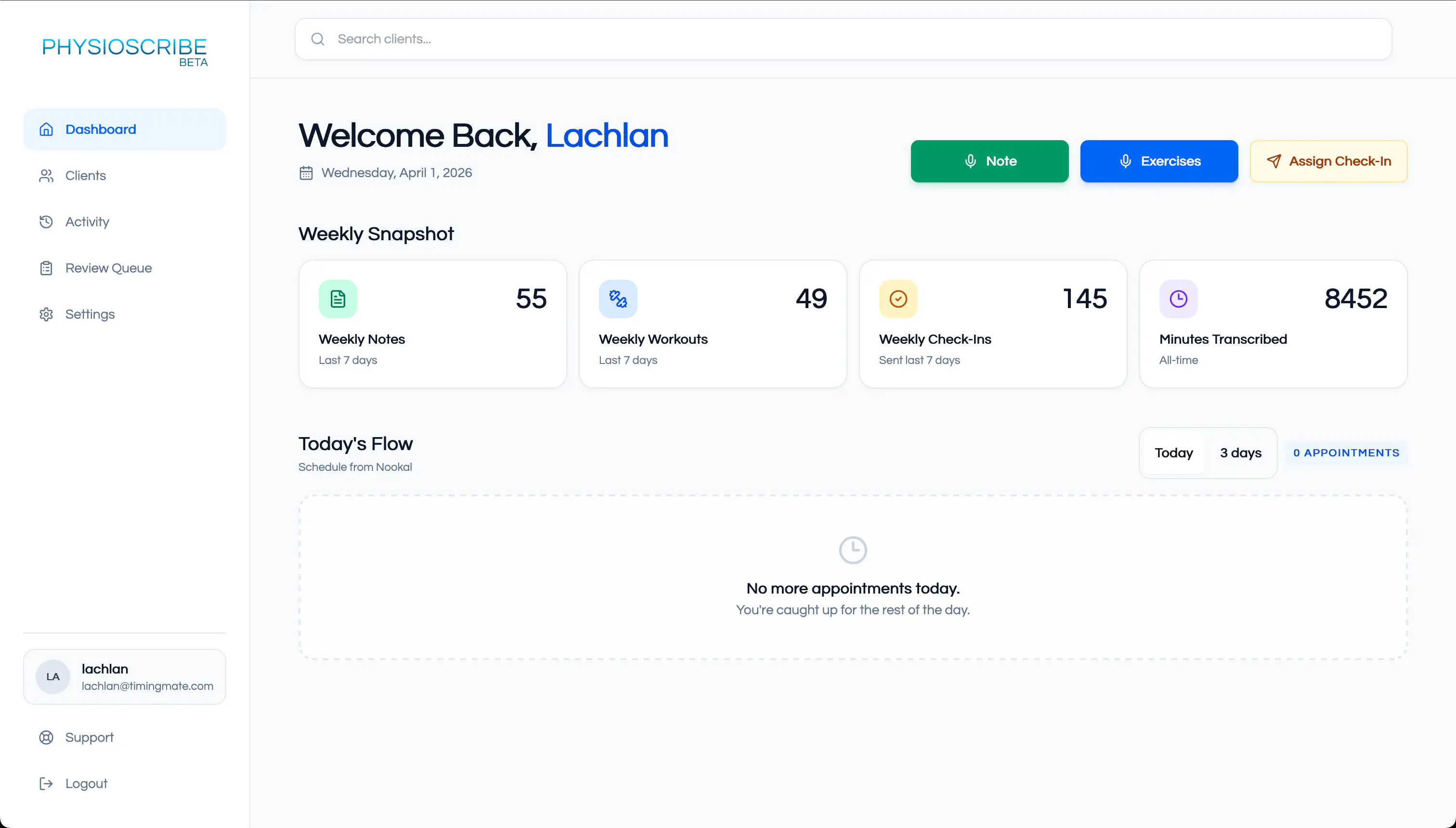 PhysioScribe dashboard interface